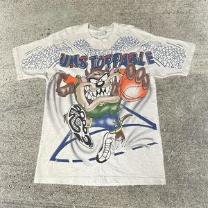 Rare Vintage 90s 1996 Freeze Looney Tunes Taz Unstoppable All Over Print T-Shirt